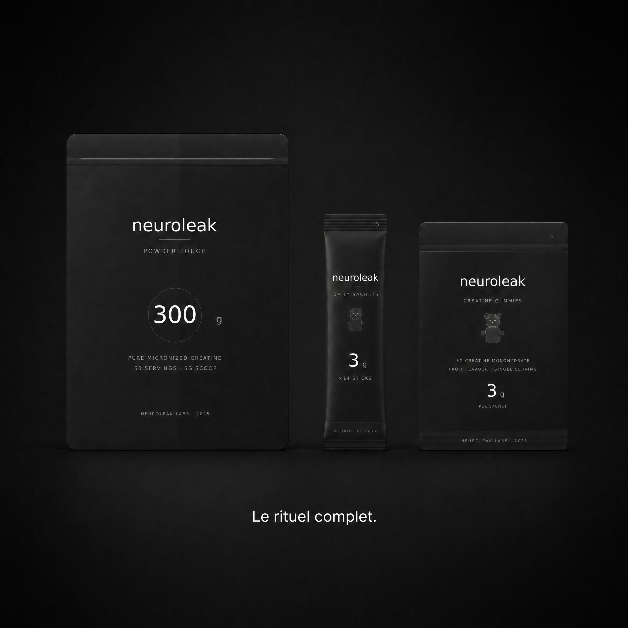 Complete Ritual — Powder Pouch, Sticks et Gummies Neuroleak sur fond noir